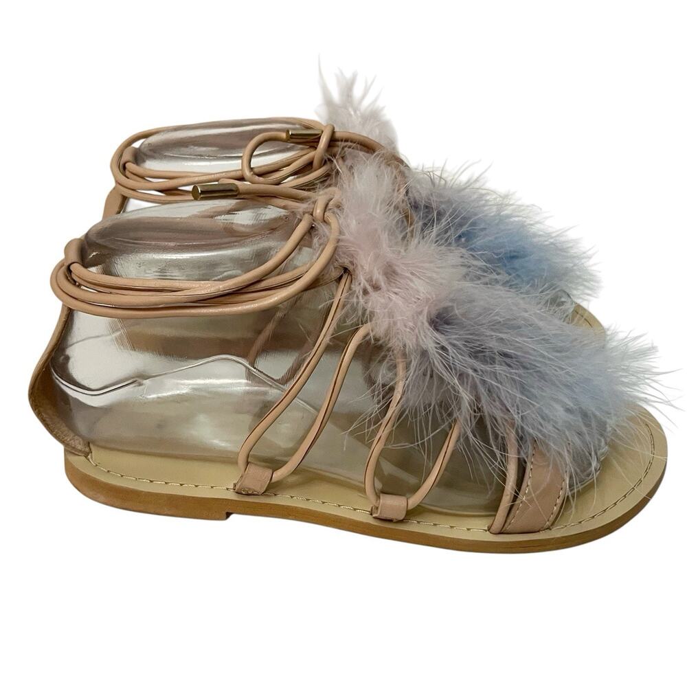 Zara Feather Gladiator Sandals 36EU/6US Tan Multi Lace Up Ankle Strap Boho Flat
